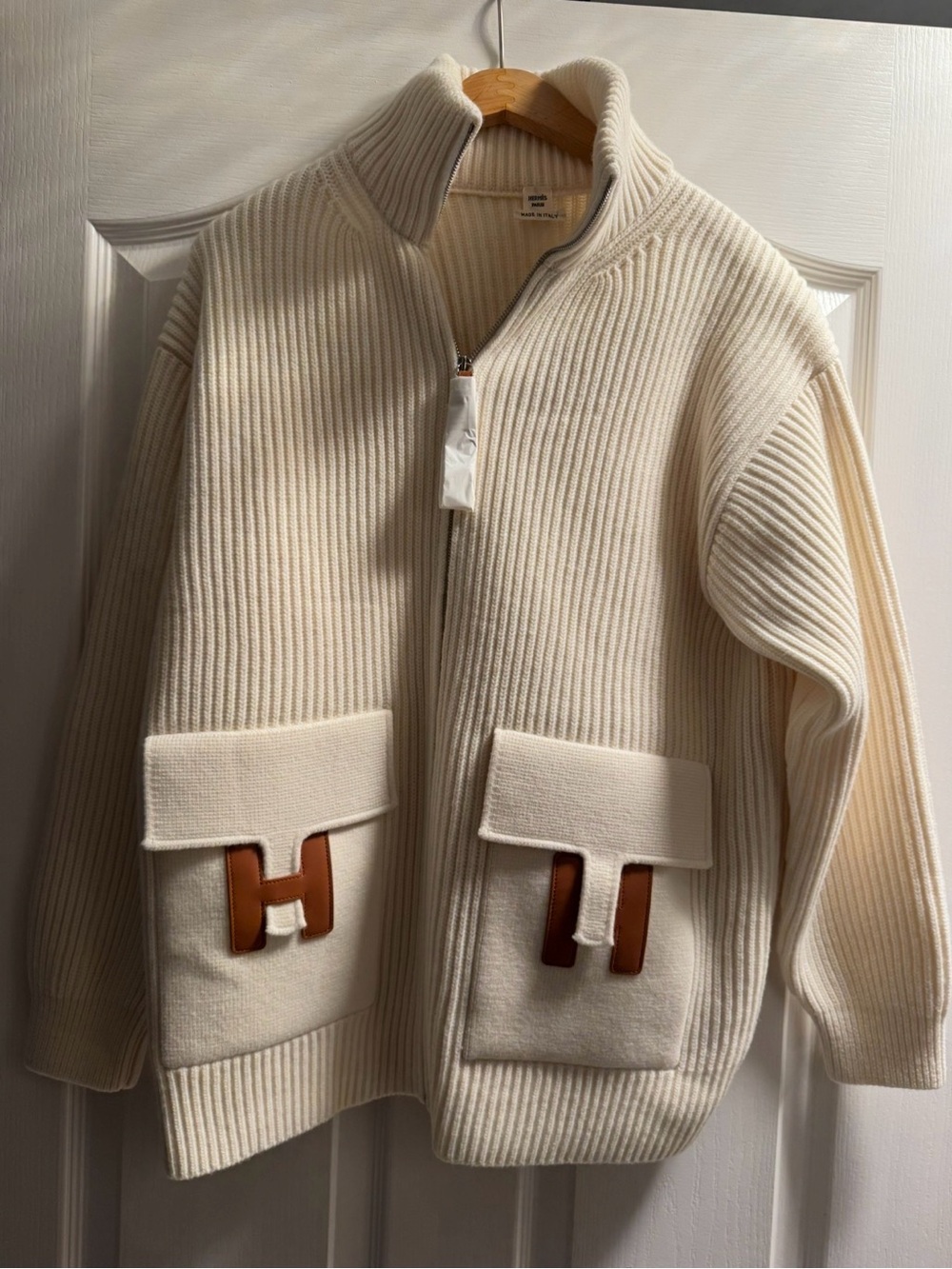 Hermes Wool Knit Ivory Ribbed Zip-Front Sweater Jacket w/ leather pocket Details